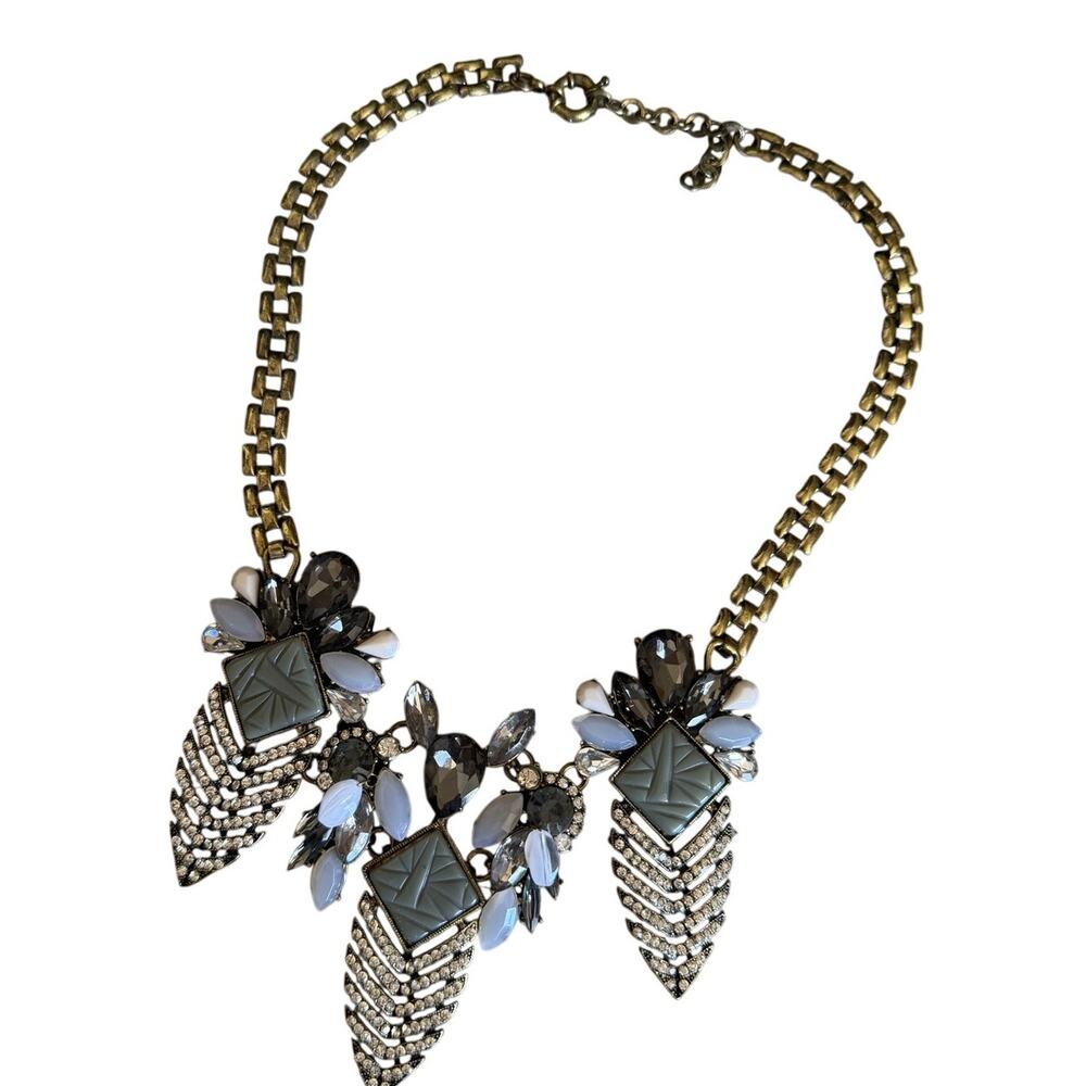 Vintage Statement Bib Necklace Gray Rhinestone Antiqued Gold Tone 16-17”